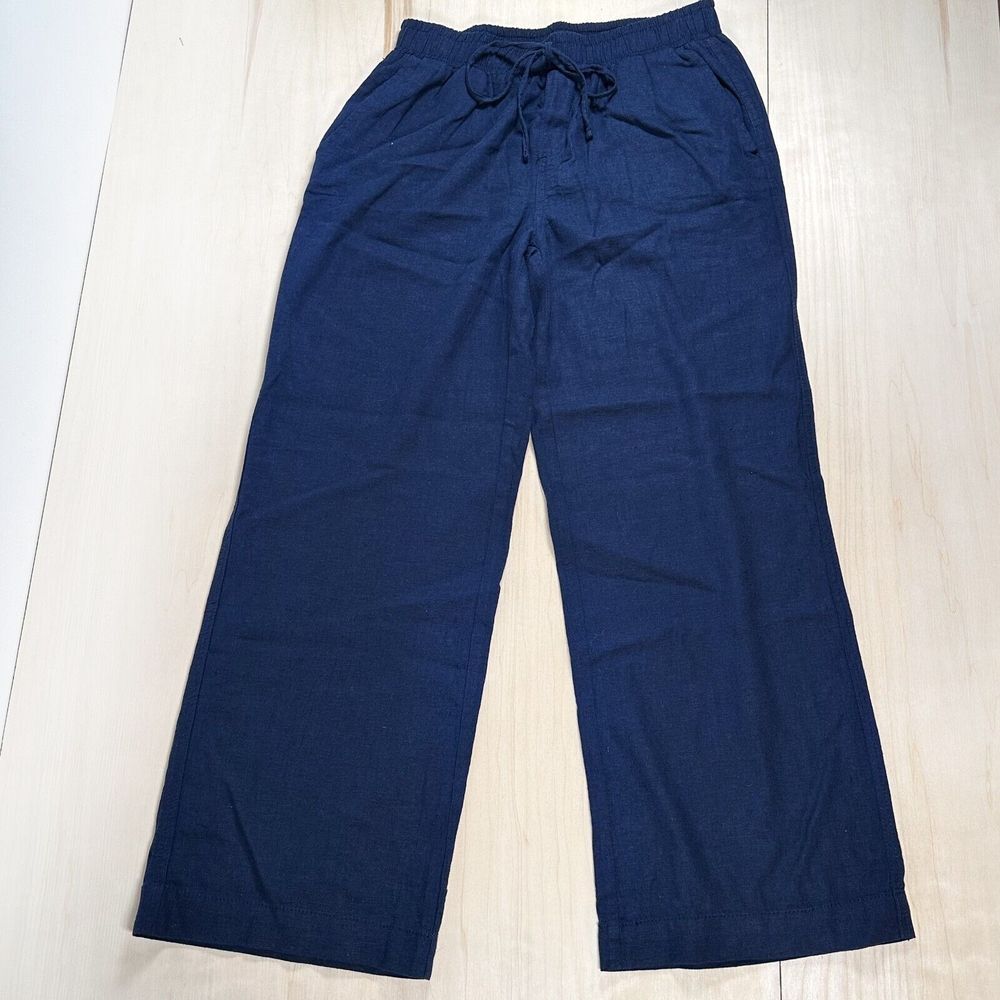 Briggs‎ Navy Wide Leg Pants Women's Joggers Blue M Linen Rayon Blend